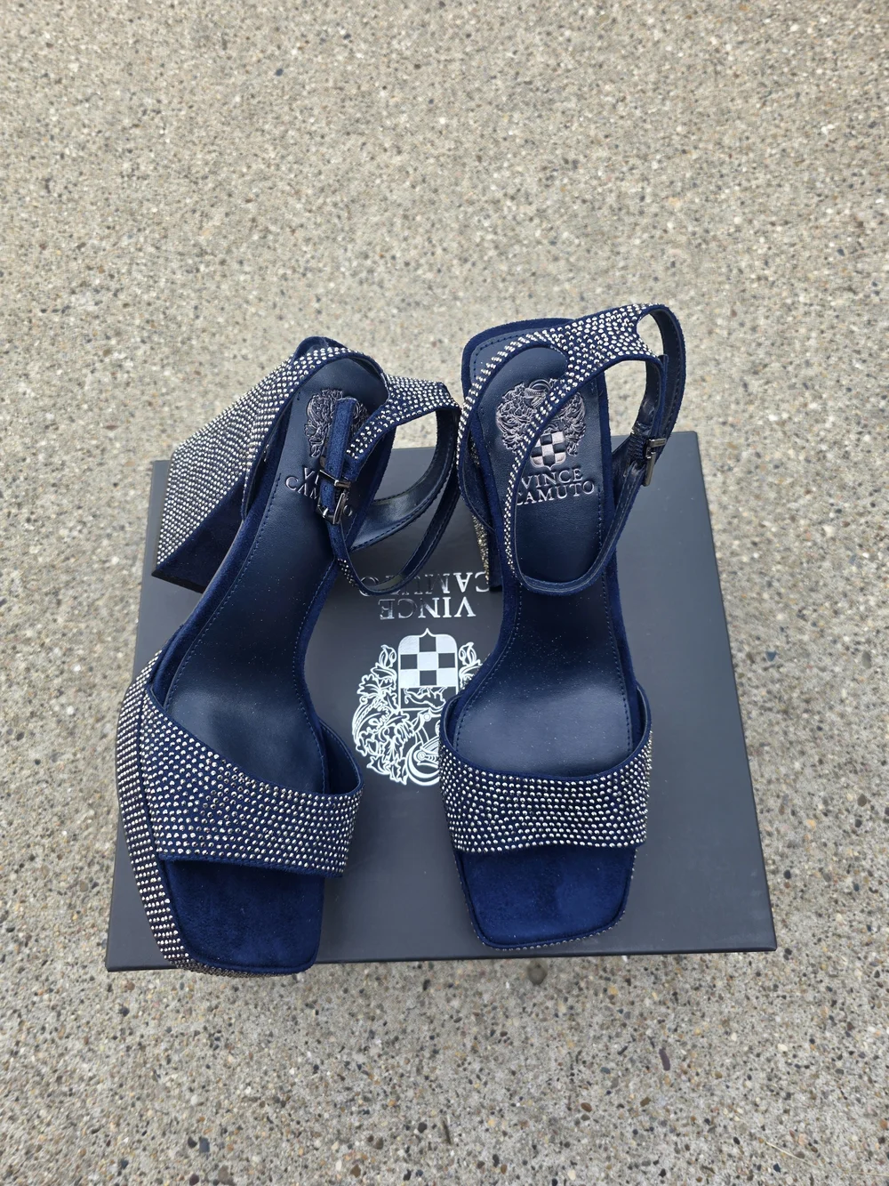 Vince Camuto Navy Embellished Block Heel Sandals Women 8.5